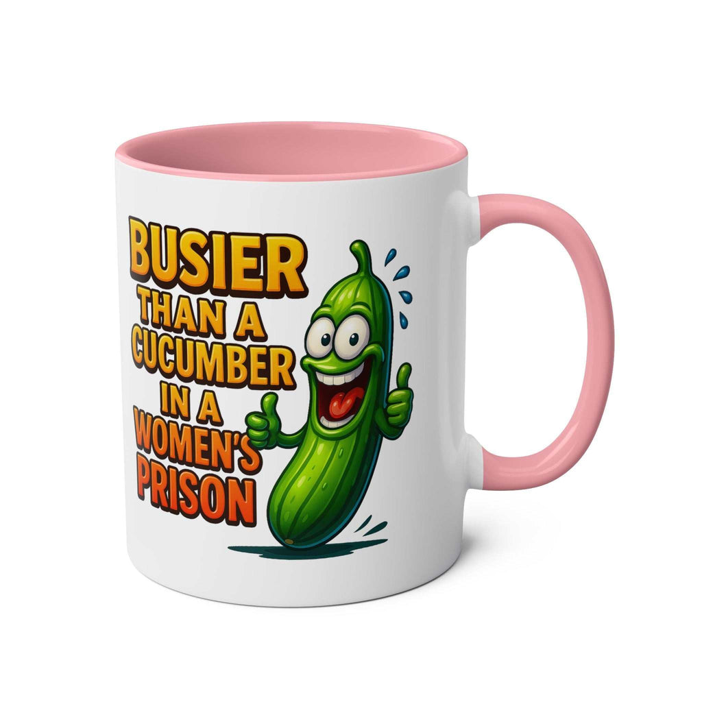 Busier Than a Cucumber coffee mug with humorous text, colorful ceramic, and glossy finish