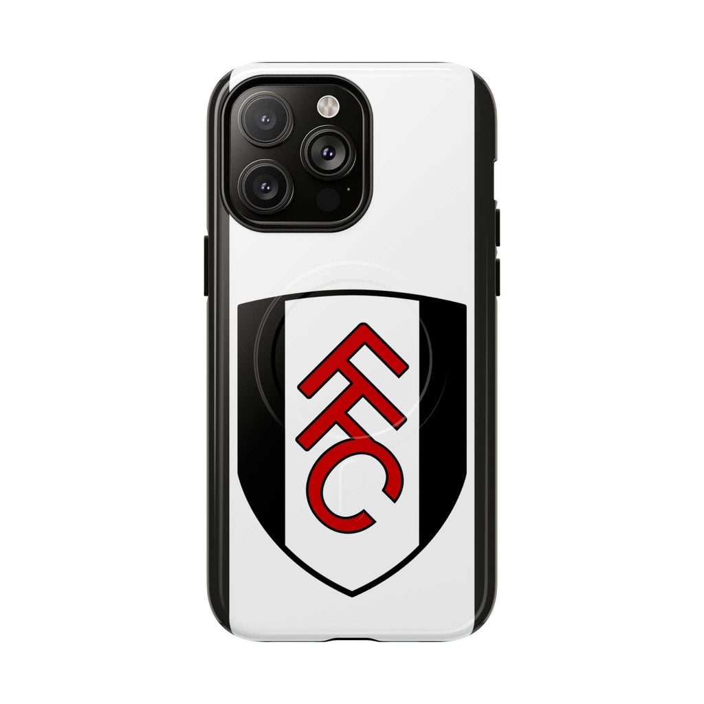 Fulham FC MagSafe iPhone case with club crest, black and white colors, dual-layer protection, and wireless charging compatibility