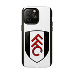 Fulham FC MagSafe iPhone case with club crest, black and white colors, dual-layer protection, and wireless charging compatibility