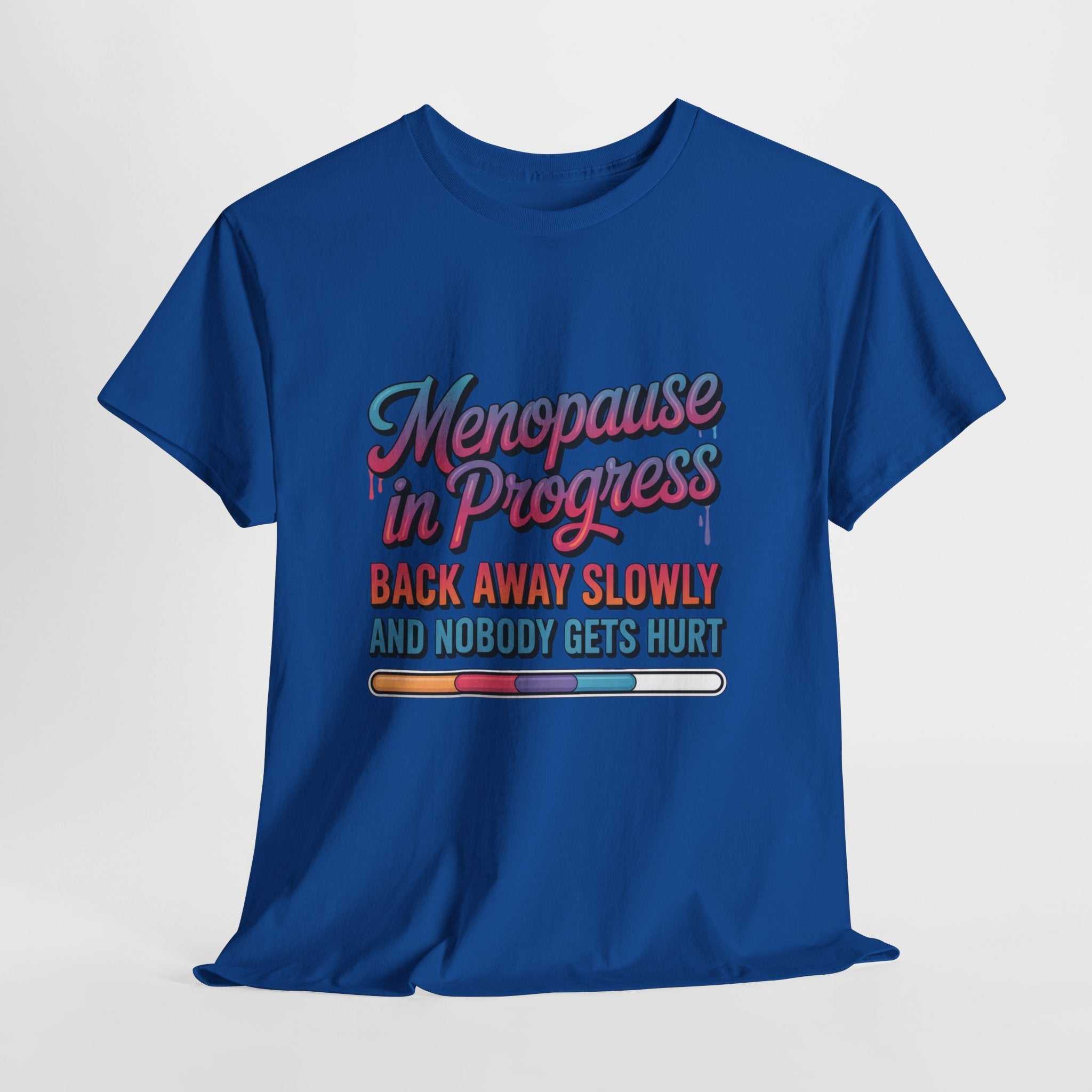 Women wearing Menopause In Progress T-Shirt with hot flashes warning design