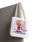 Menopause humour tote bag with cheeky printed design, durable spun polyester, available in three sizes and multiple handle colors