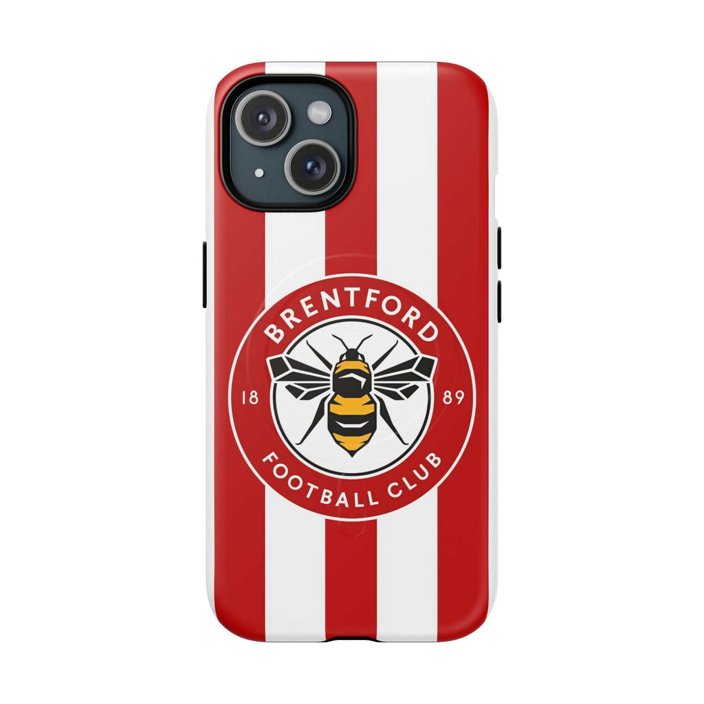 Brentford FC MagSafe iPhone case with red and white stripes and bee crest, dual layer protection, MagSafe compatible.