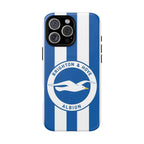 Brighton FC MagSafe iPhone case with blue and white stripes and seagull crest, dual-layer protective design