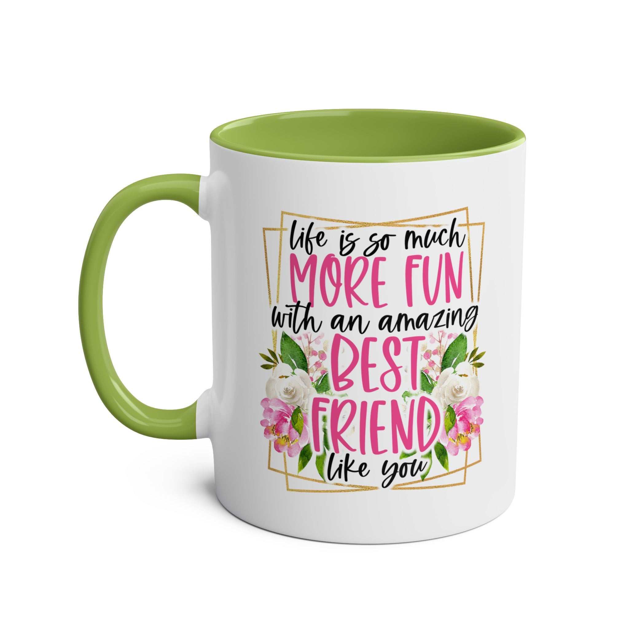 Amazing Friend Coffee Mug with fun, cheeky design and green handle.