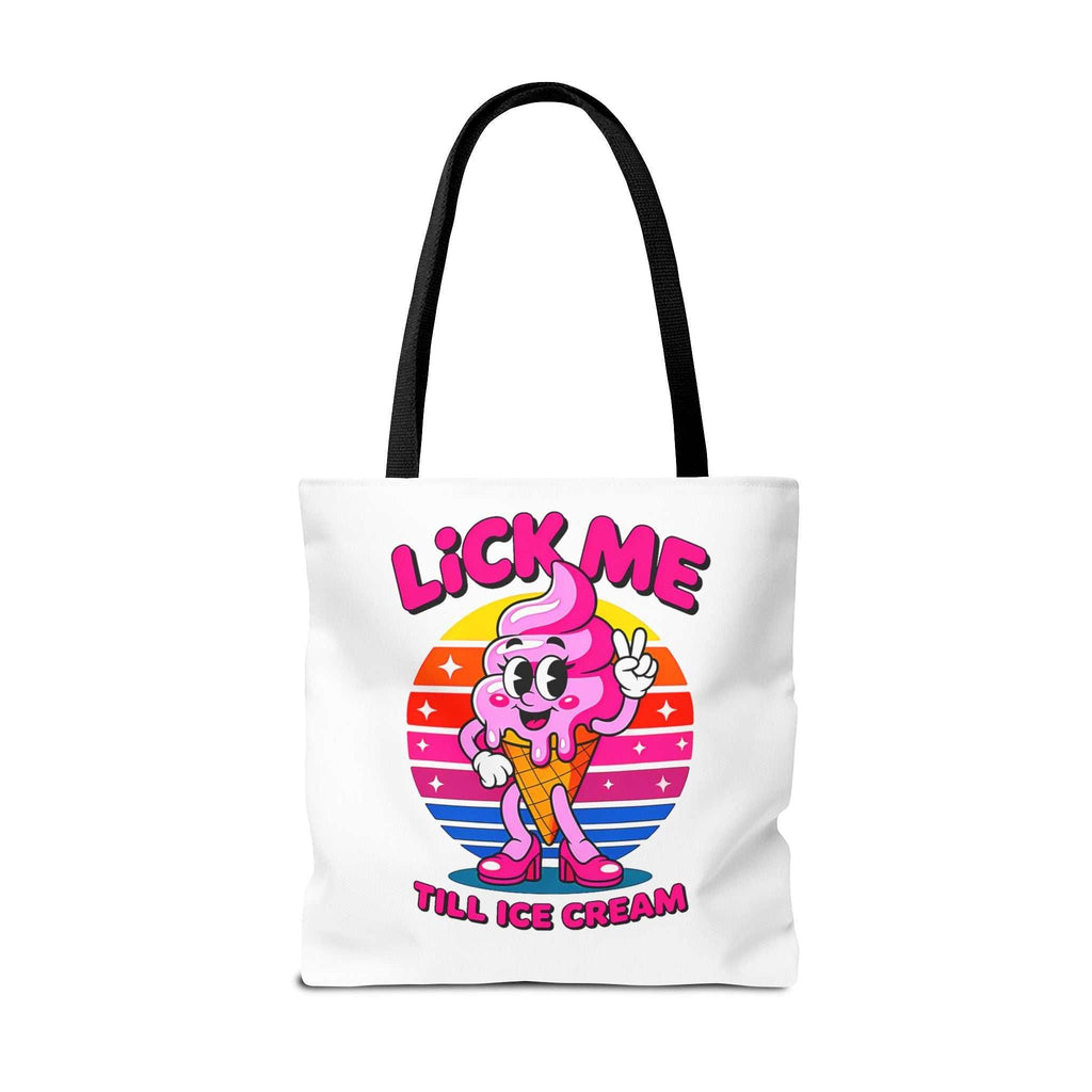 Cheeky Lick Me Till Ice Cream tote bag with multiple size and handle color options, durable polyester fabric, and playful design.