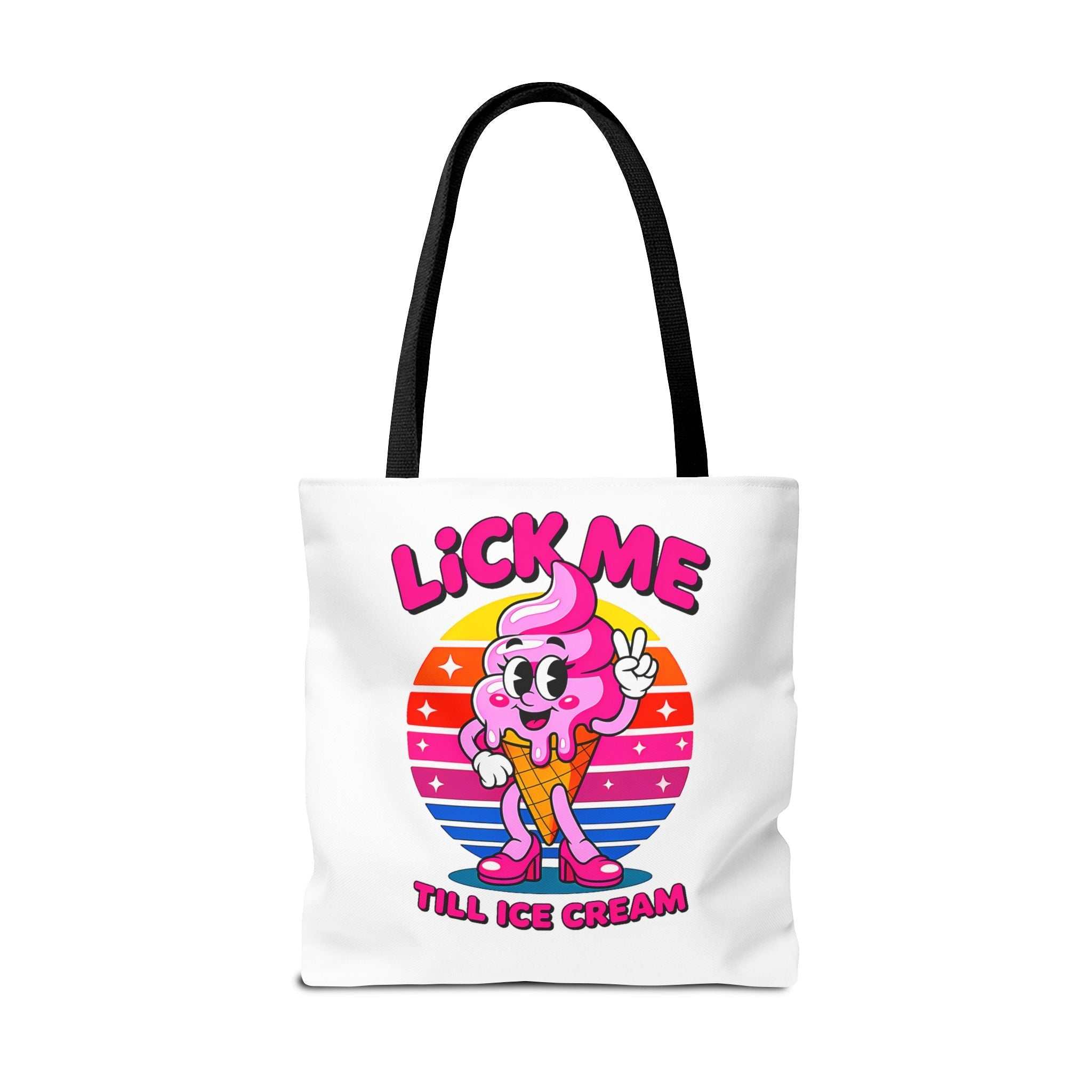 Cheeky Lick Me Till Ice Cream tote bag with multiple size and handle color options, durable polyester fabric, and playful design.