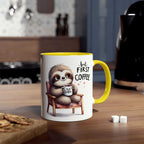 Cute sloth coffee mug with cozy design, ideal for animal lovers, 11oz ceramic, in a kitchen setting.