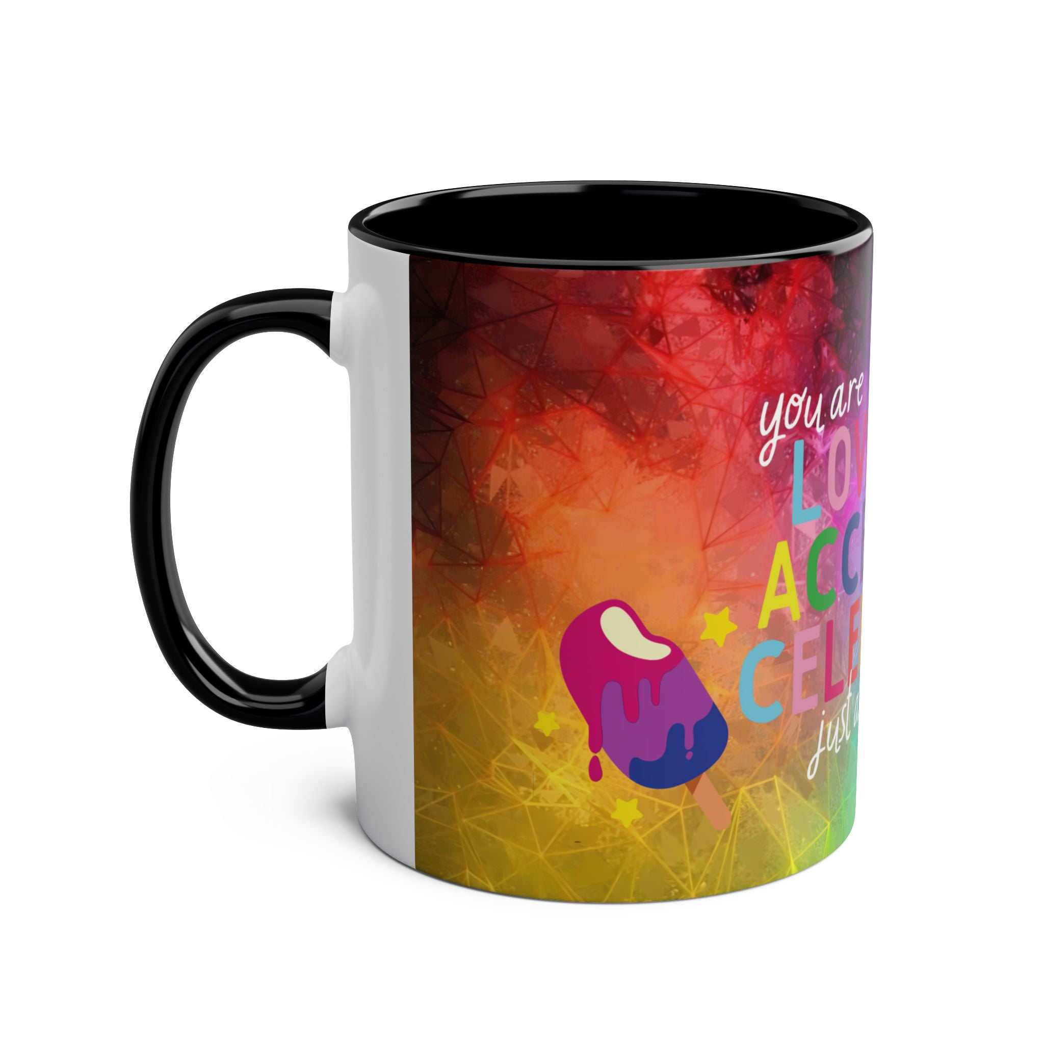 LGBTQ+ Pride Mug with rainbow design, 11oz ceramic, glossy finish.