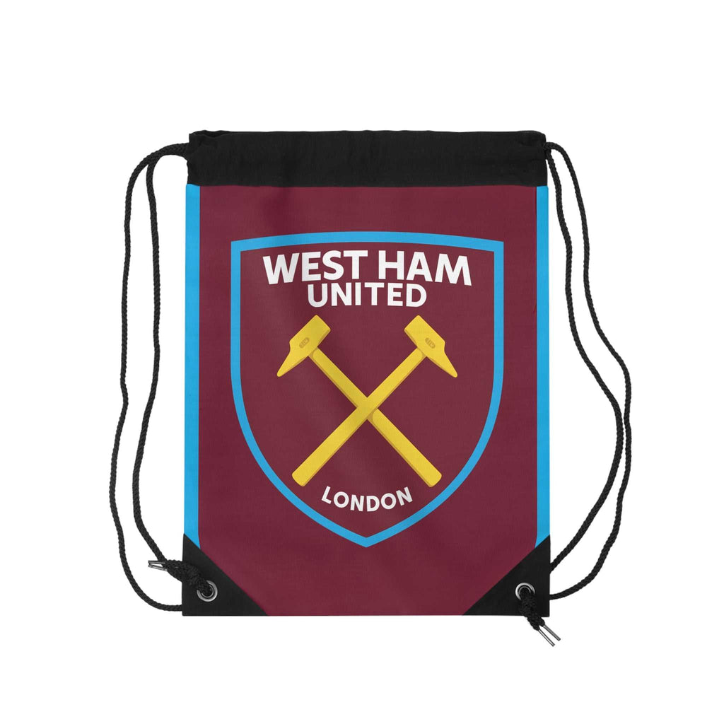 West Ham Utd drawstring bag in claret and blue with crossed hammers crest, lightweight polyester, sturdy closure, ideal for gym, school, and travel.