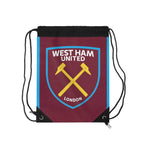 West Ham Utd drawstring bag in claret and blue with crossed hammers crest, lightweight polyester, sturdy closure, ideal for gym, school, and travel.
