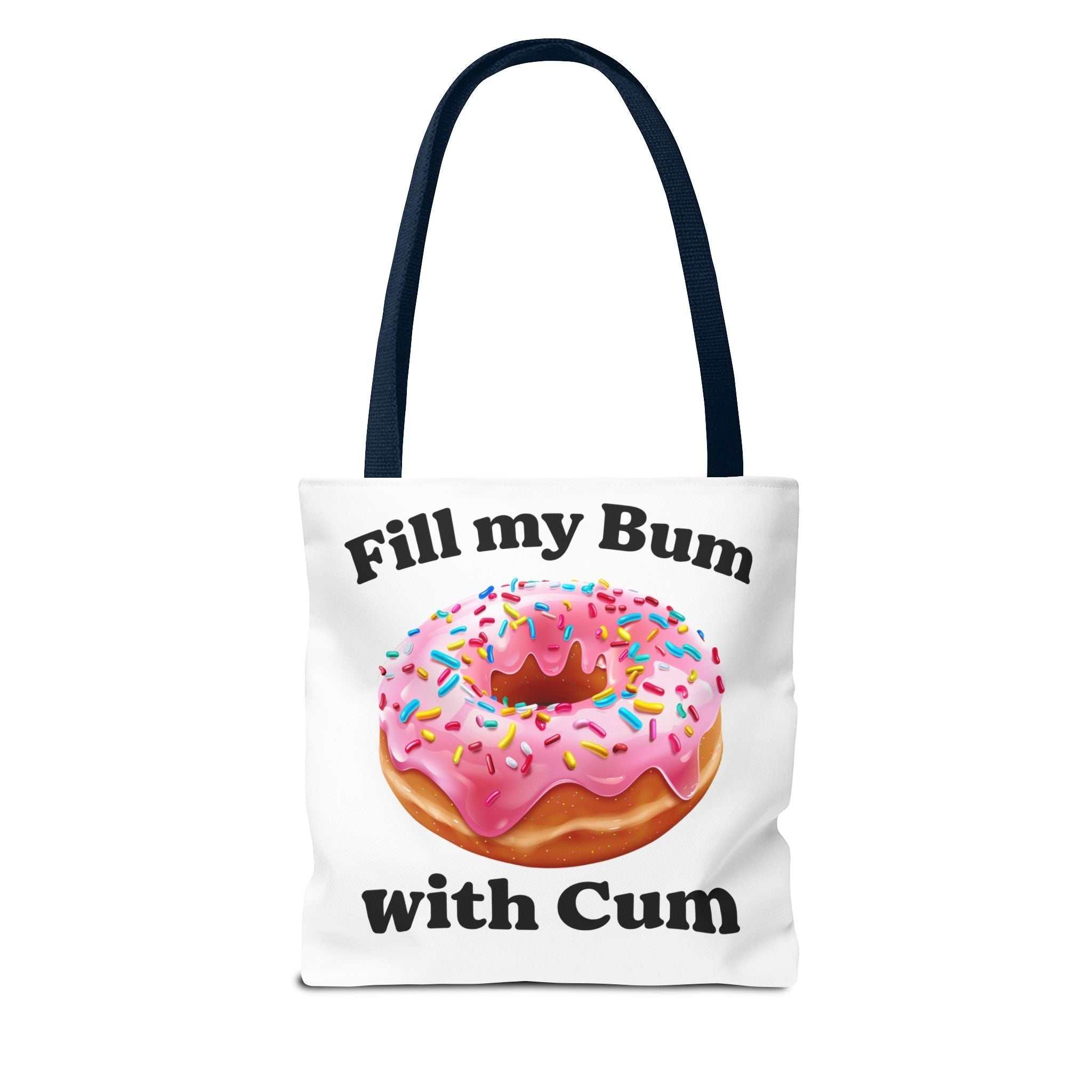 Provocative donut tote bag with cheeky design, durable spun polyester, and multiple handle color options.