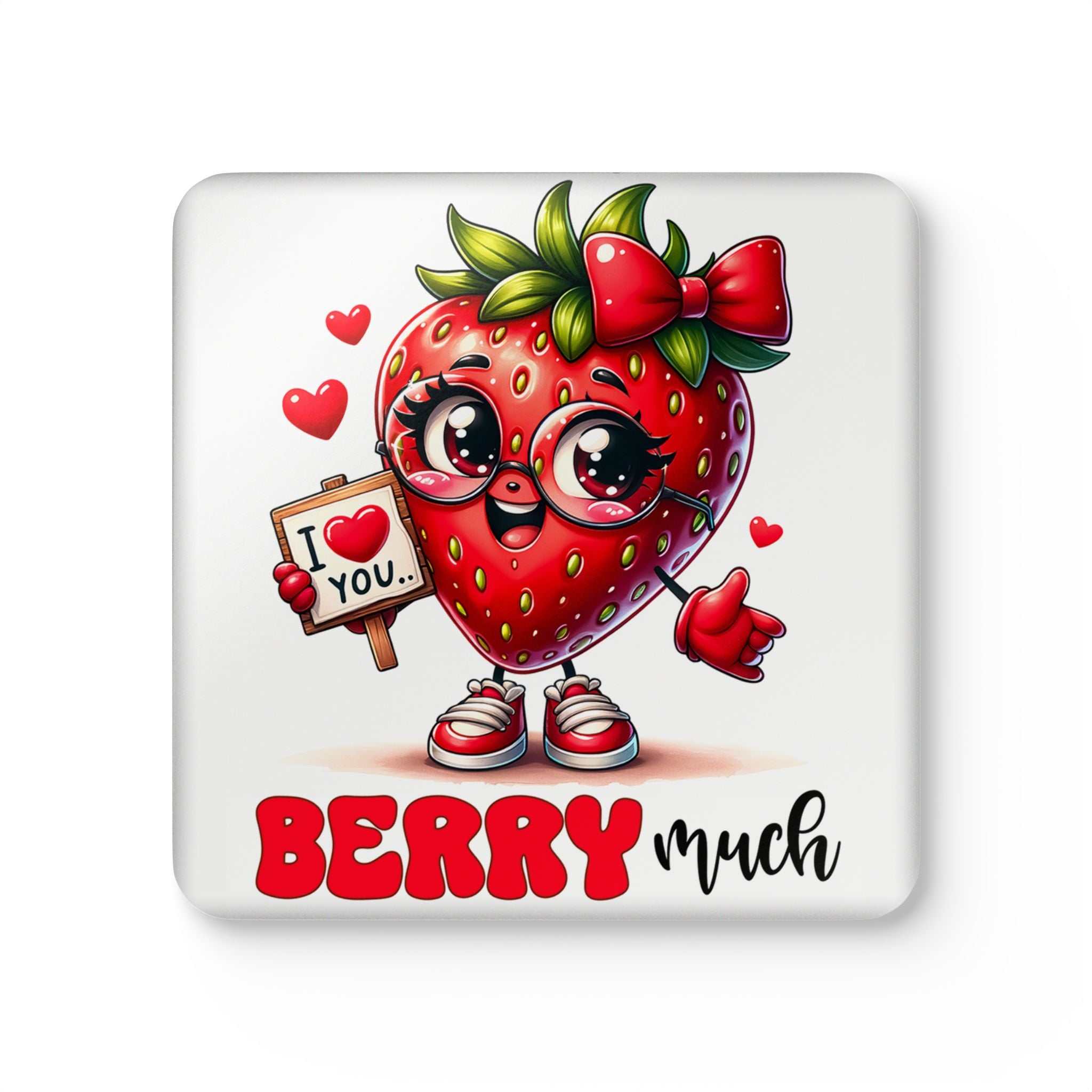 Love You Berry Much Coaster Set with cartoon strawberry design and playful text.