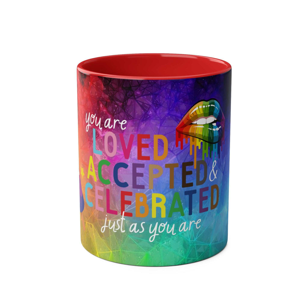 Vibrant LGBTQ+ Pride mug with rainbow design and empowering message.