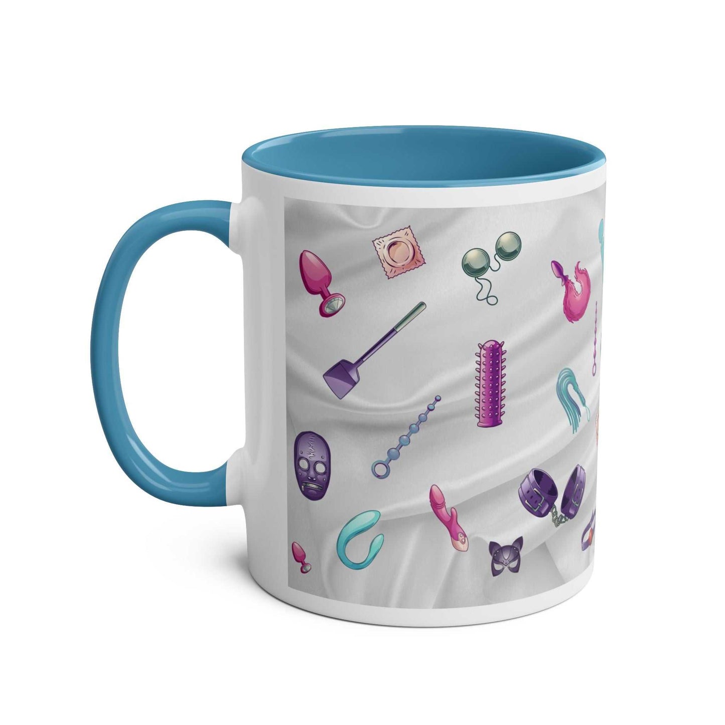 Fun Sex Toy Coffee Mug with playful design, blue handle, and various printed icons; 11oz ceramic, glossy finish.