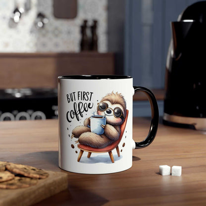 Cute sloth coffee mug with whimsical design, 11oz ceramic, dishwasher and microwave safe.