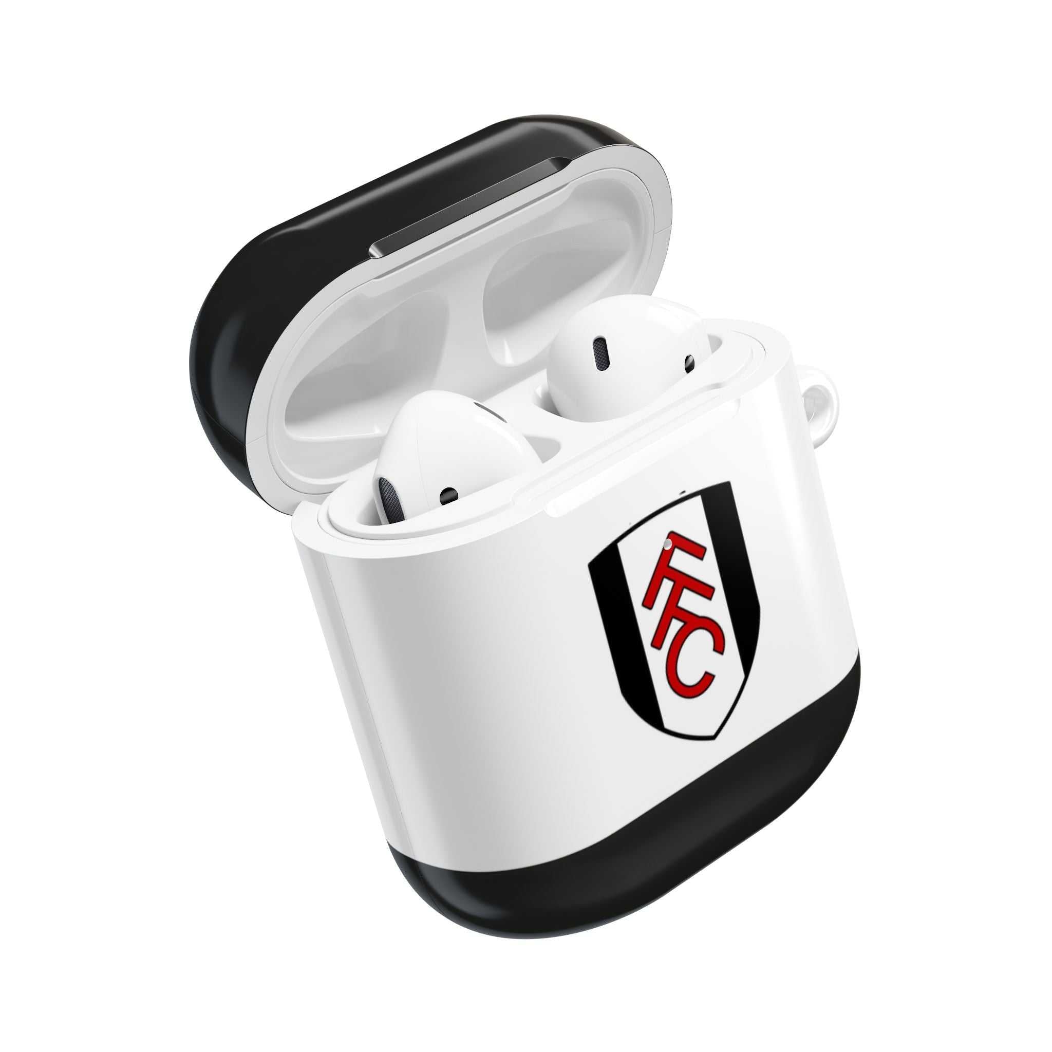 Fulham FC AirPods protective case with black and white club crest, shock-resistant and wireless charging compatible
