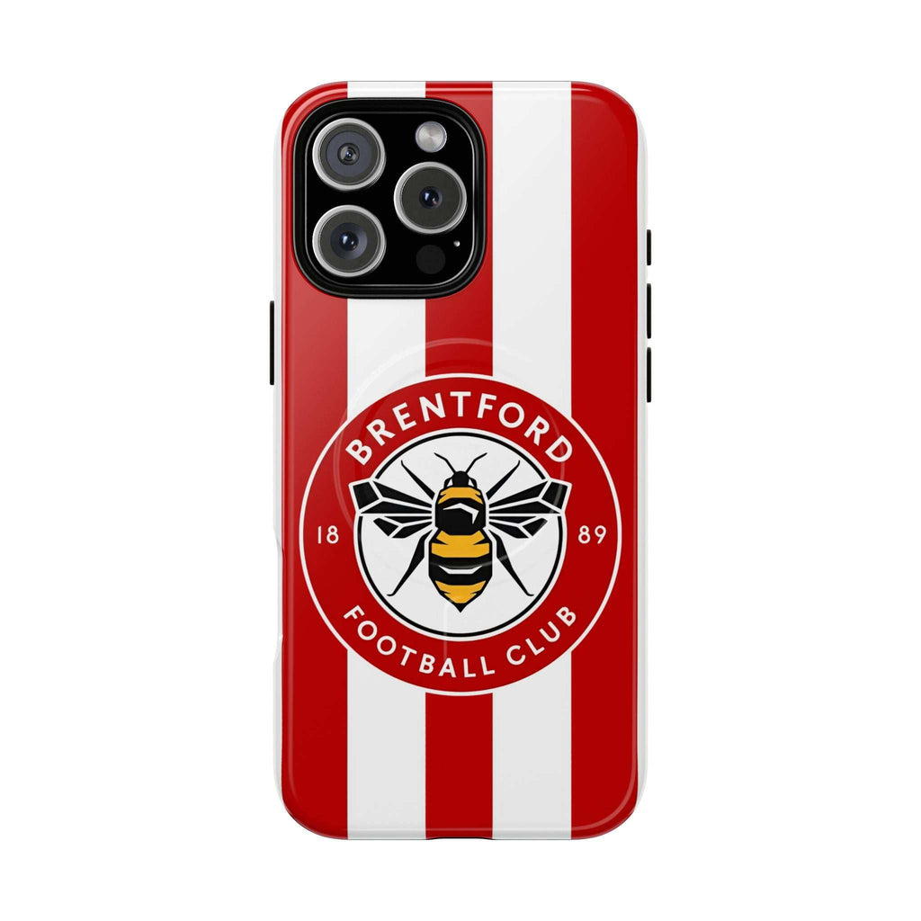 Brentford FC MagSafe iPhone case with red and white stripes and bee crest, dual-layer protective design