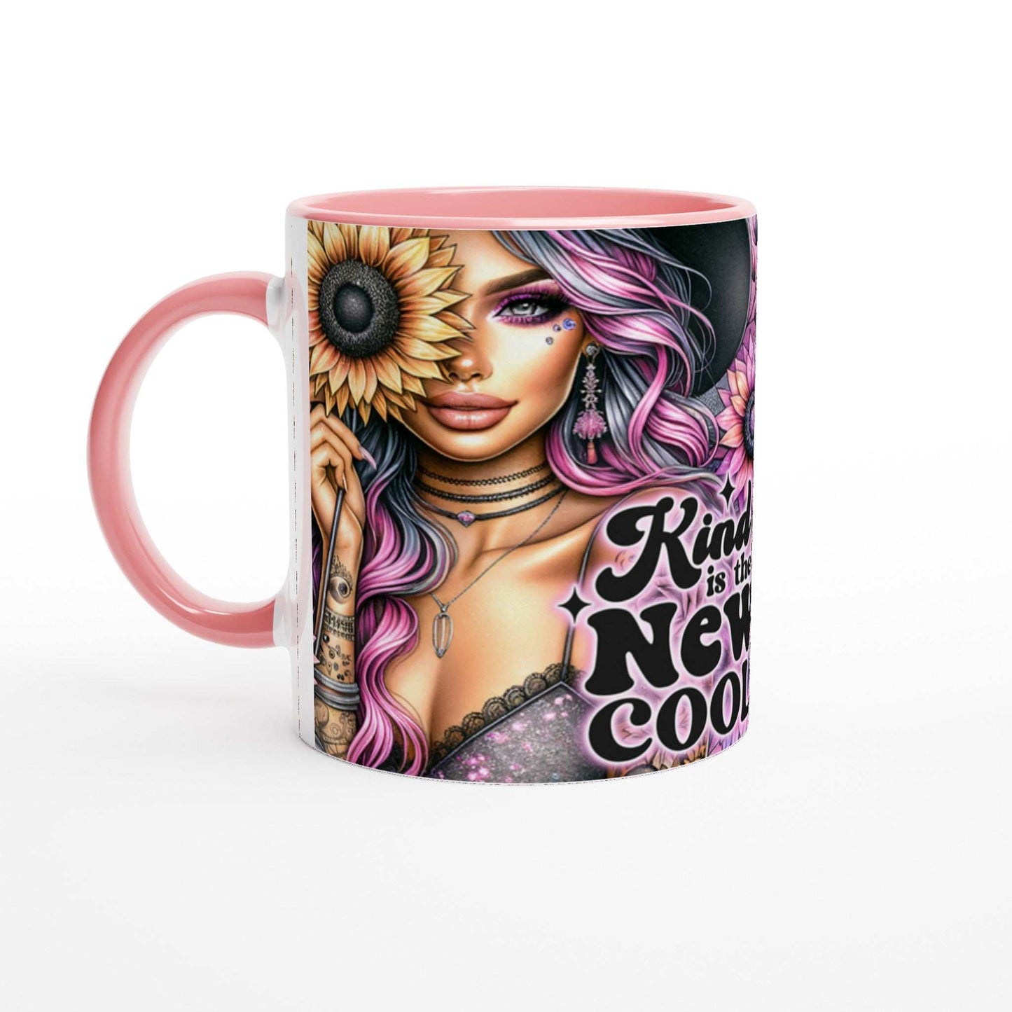 Kind Is The New Cool – Motivational Coffee Mug with vibrant design and inspirational quote, ceramic, 11oz, pink rim and handle.