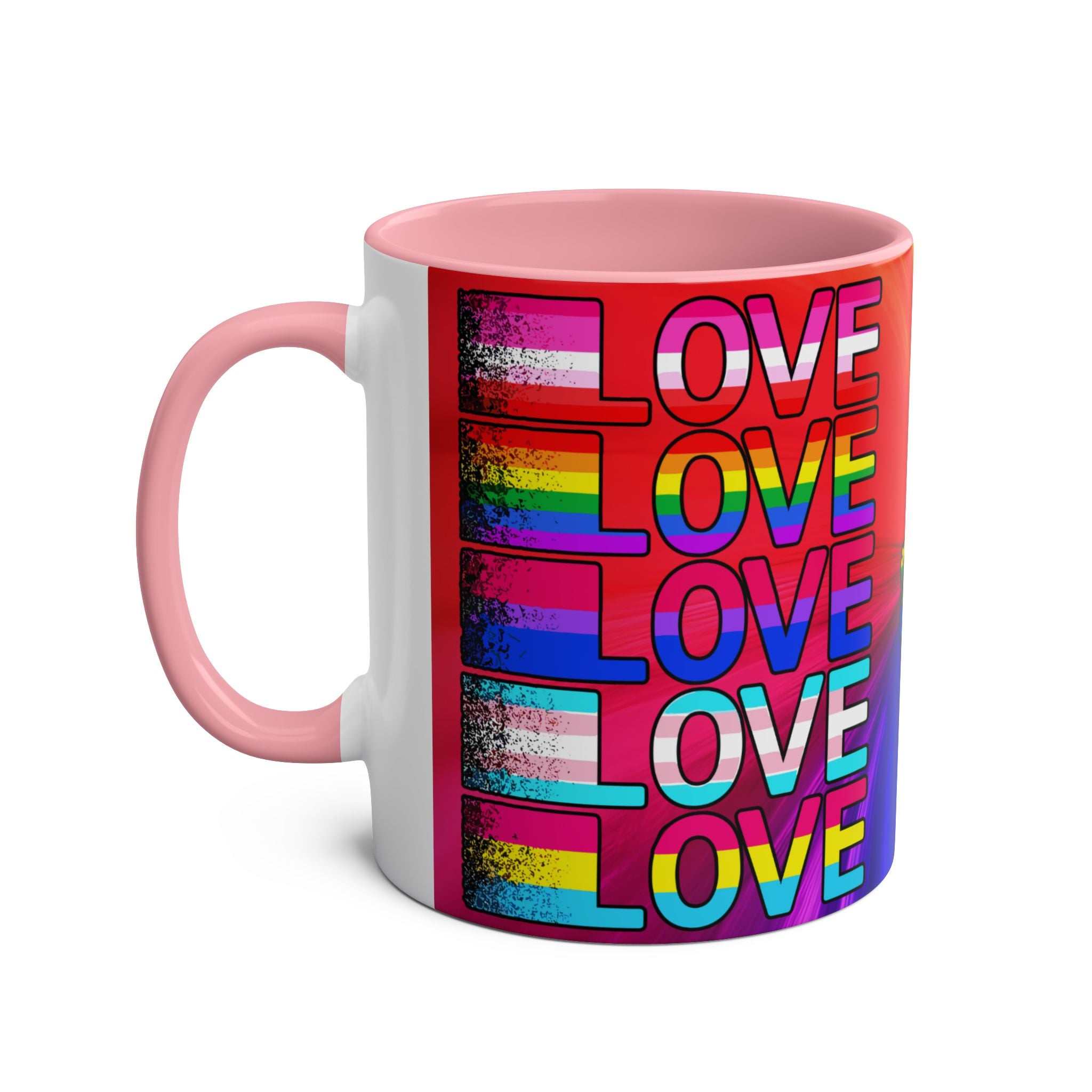 LGBTQ+ Pride mug with vibrant rainbow design and pink handle.