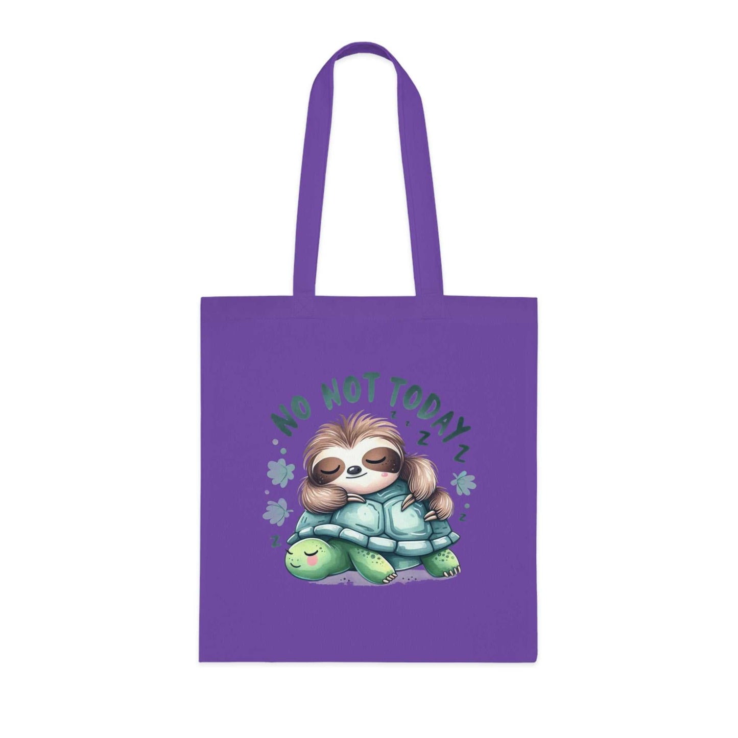 Cute sloth cotton tote bag in vibrant purple with playful design.