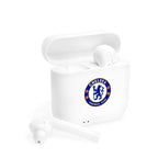 White Chelsea Fc wireless earbuds with charging case featuring fan-inspired club crest design