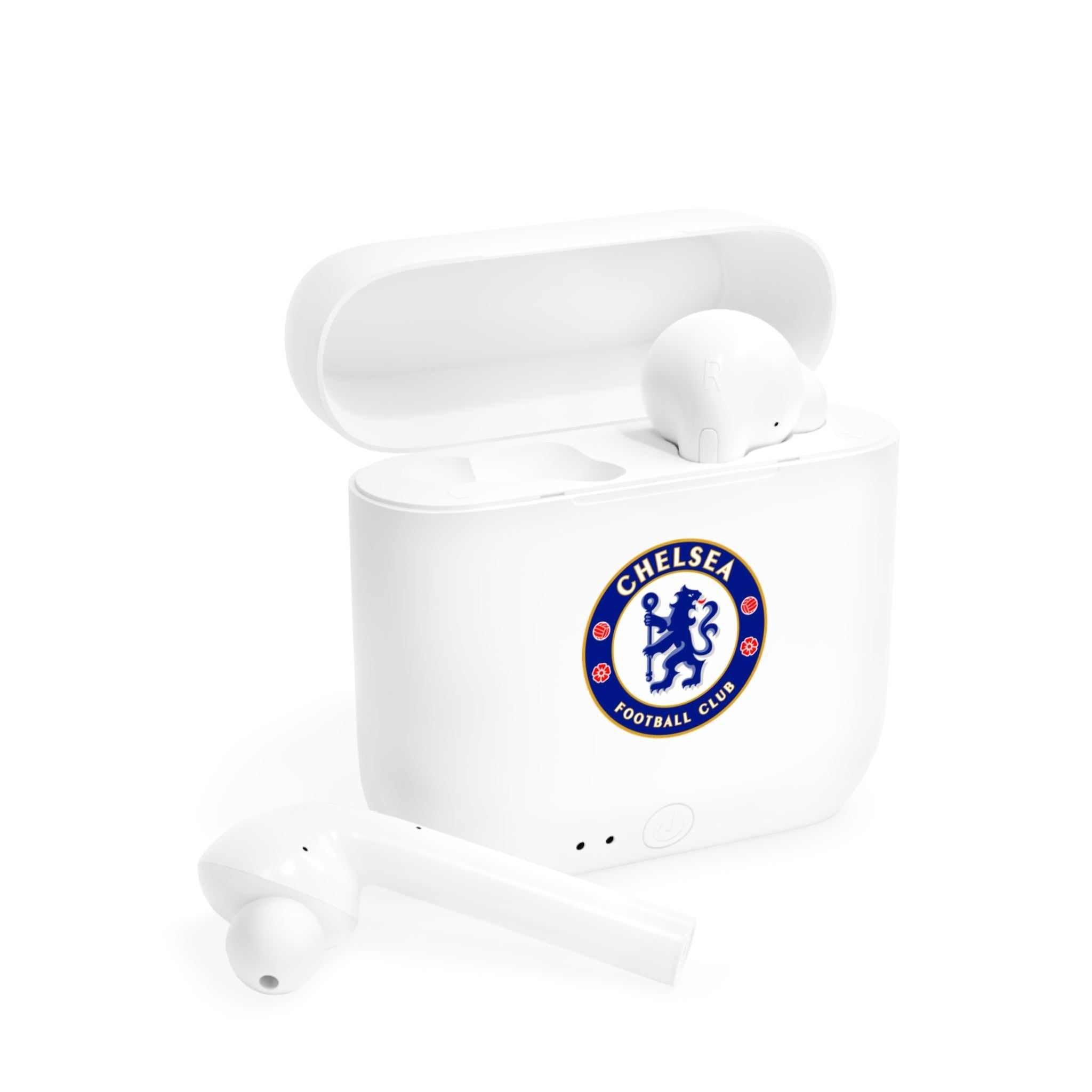 White Chelsea Fc wireless earbuds with charging case featuring fan-inspired club crest design
