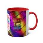 LGBTQ+ Pride Mug with vibrant rainbow design, Born This Way text, red handle.