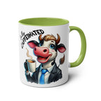 Fun Sarcastic Coffee Mug with a colorful cow illustration and the phrase 'fully caffeinated', green handle, 11oz ceramic.