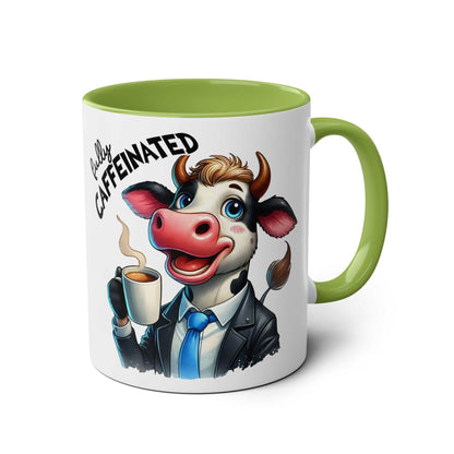 Fun Sarcastic Coffee Mug with a colorful cow illustration and the phrase 'fully caffeinated', green handle, 11oz ceramic.