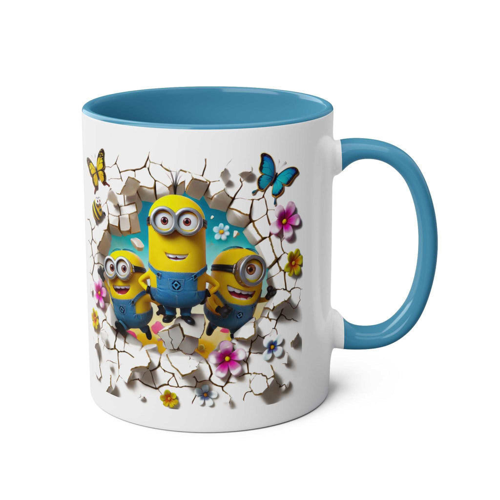 Fun Minion themed coffee mug with colorful design and playful characters.
