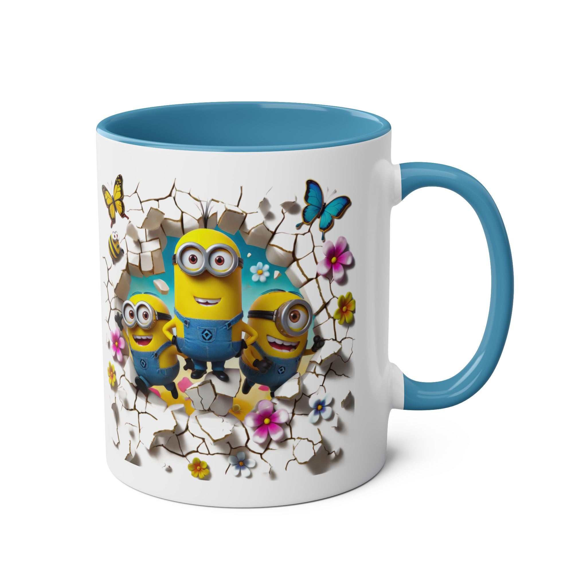 Fun Minion themed coffee mug with colorful design and playful characters.