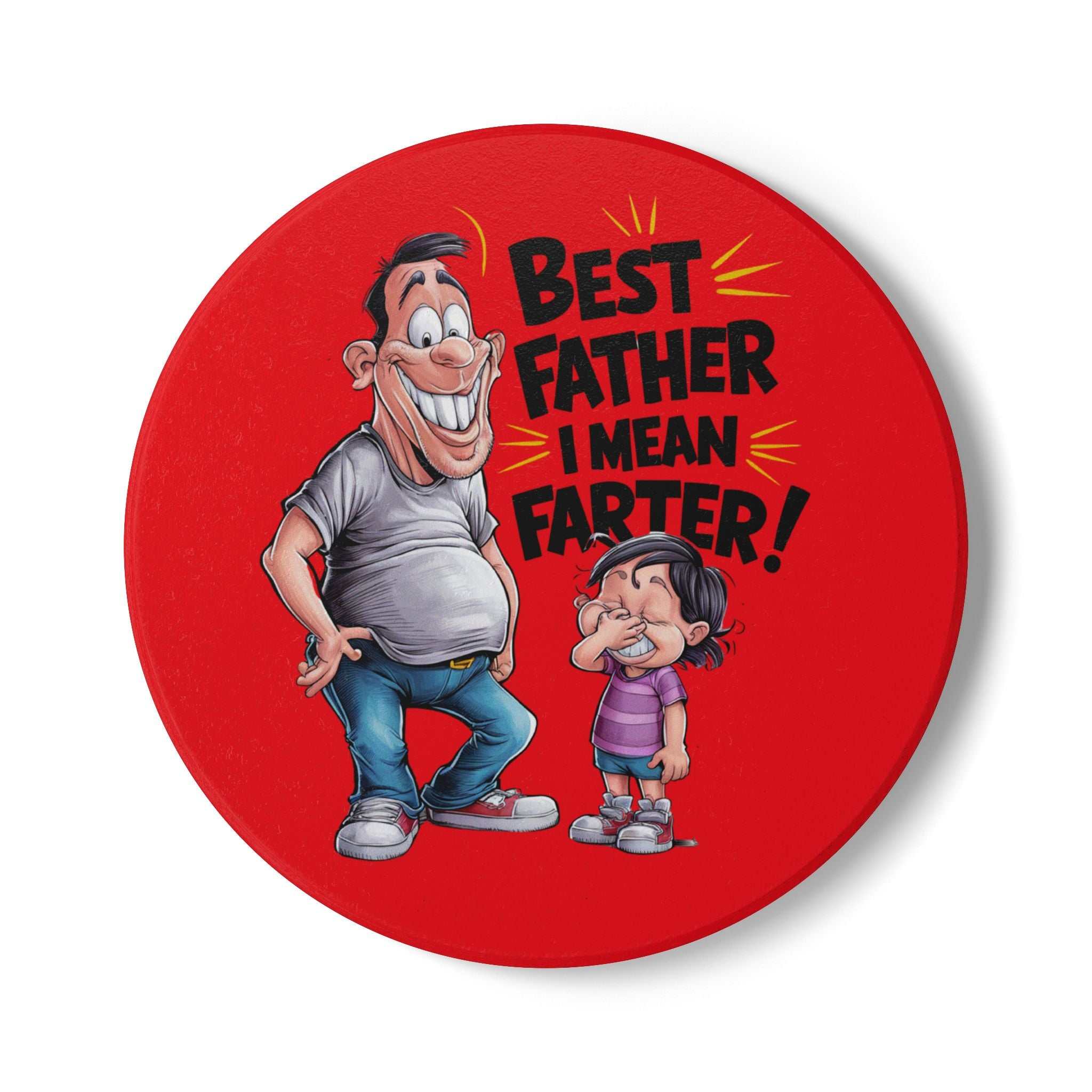 Best Farter Ceramic Coaster with humorous cartoon design and bold text on red background