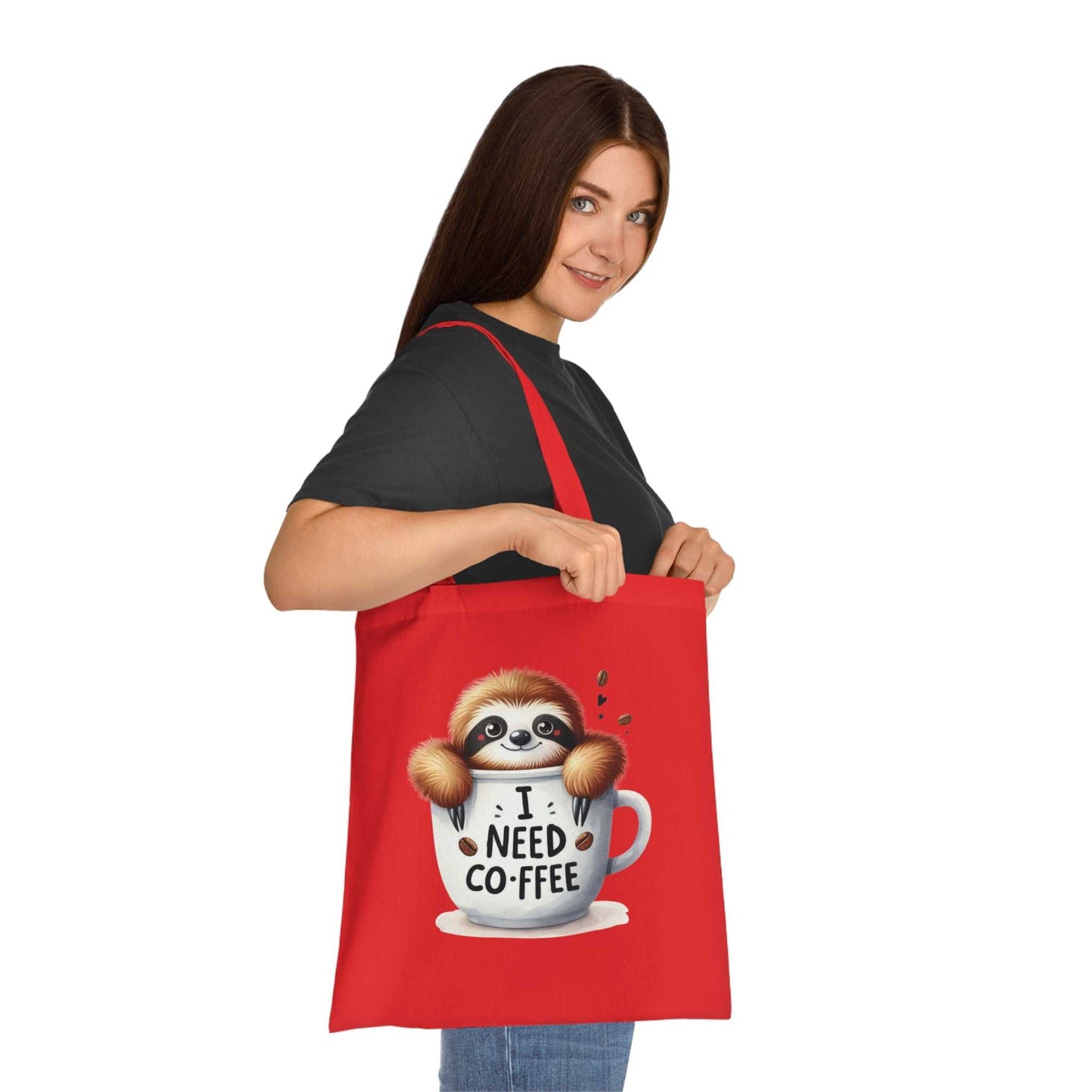 Cute sloth tote bag with colorful design, 100% cotton, perfect for sloth lovers and whimsical style.