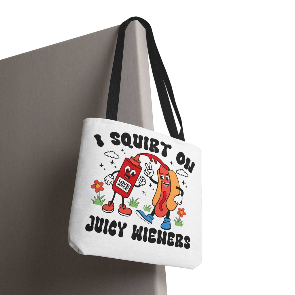 Cheeky I Squirt On Juicy Wieners Fun Tote Bag with hot dog print and durable fabric