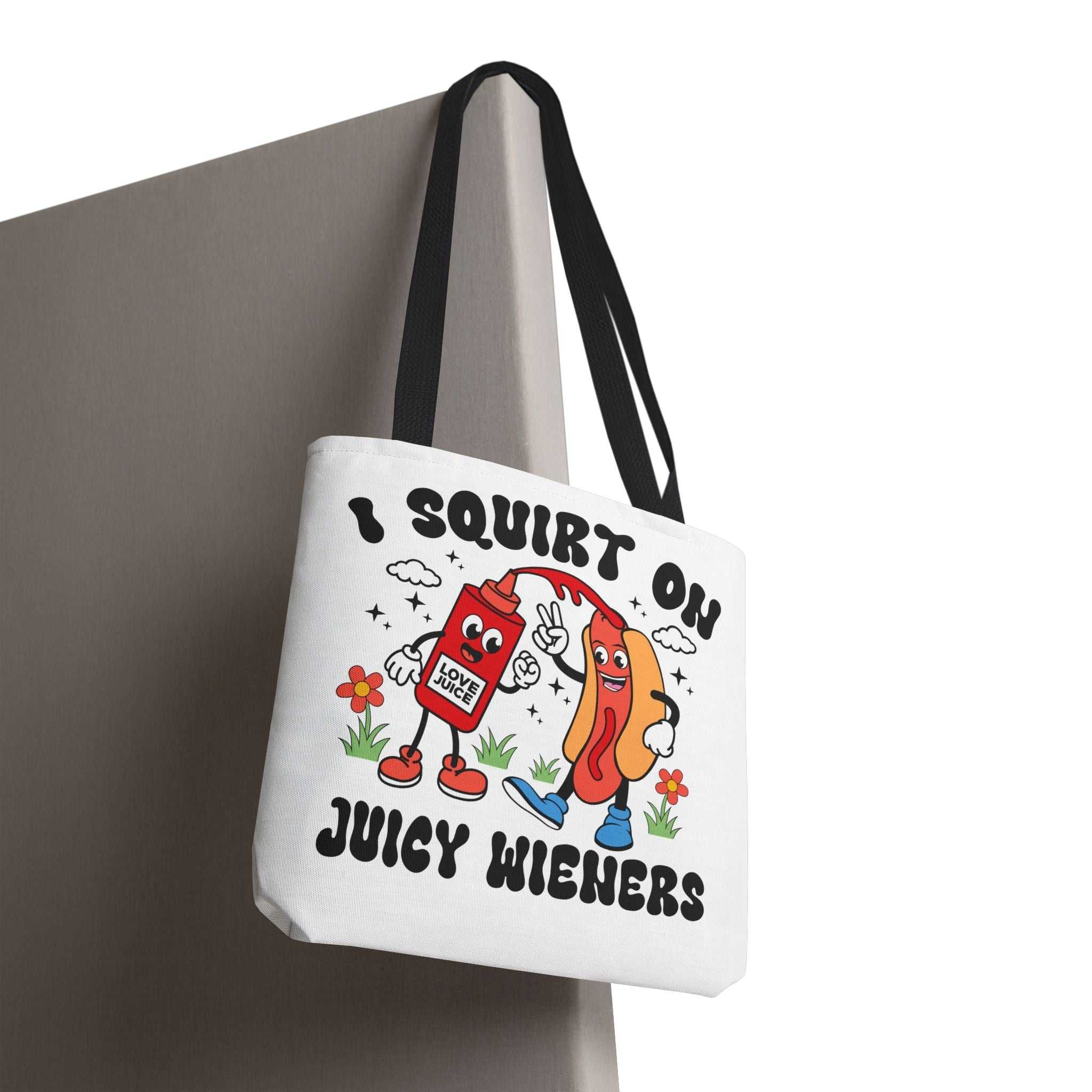 Cheeky I Squirt On Juicy Wieners Fun Tote Bag with hot dog print and durable fabric