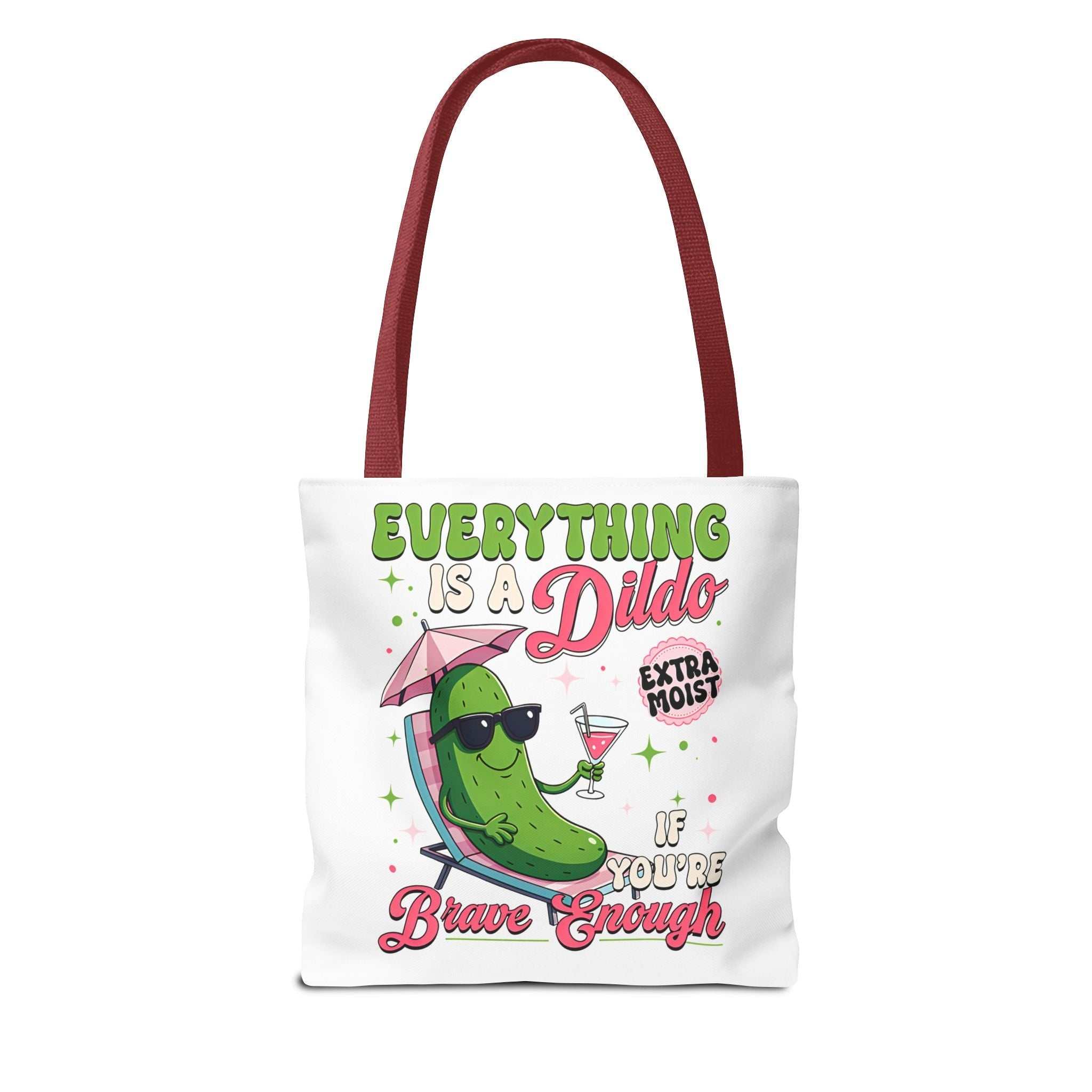 Cheeky Quote Pickle Tote Bag with fun design, durable spun polyester, multiple sizes and handle colors for everyday use
