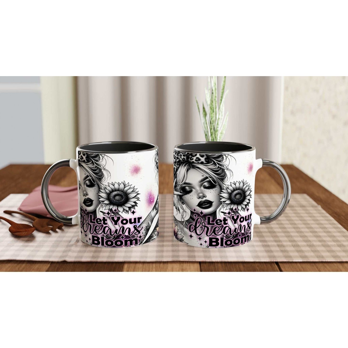 Let Your Dreams Bloom motivational coffee mug with colorful design and inspirational quote, 11oz ceramic, microwave and dishwasher safe.