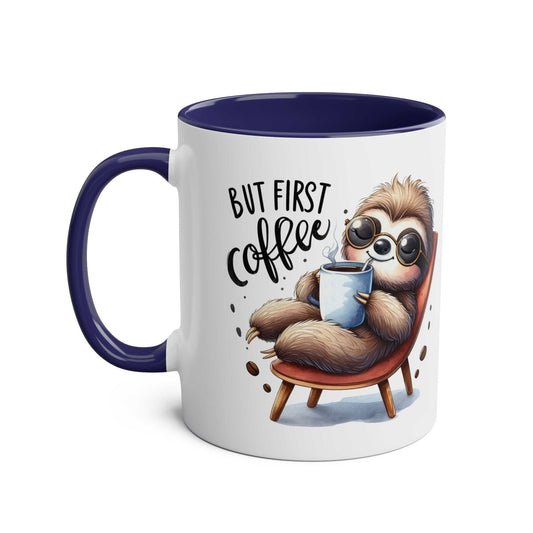 Cute sloth coffee mug with whimsical design, 11oz ceramic, glossy finish.