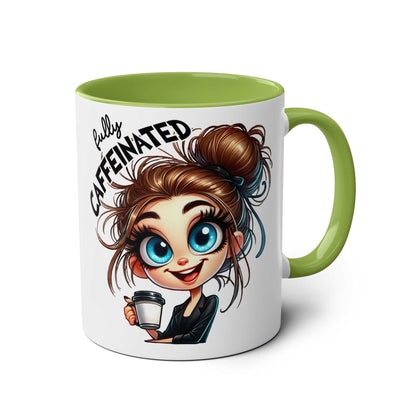 Fun Sarcastic Coffee Mug with cartoon character and "fully caffeinated" text, green handle, glossy finish.