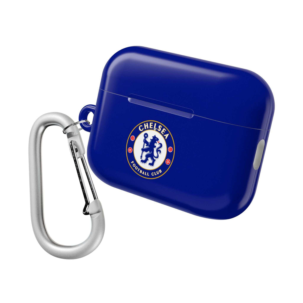 Chelsea FC AirPods protective case with royal blue color, club crest, durable shock-resistant design, and carabiner clip for AirPods and AirPods Pro