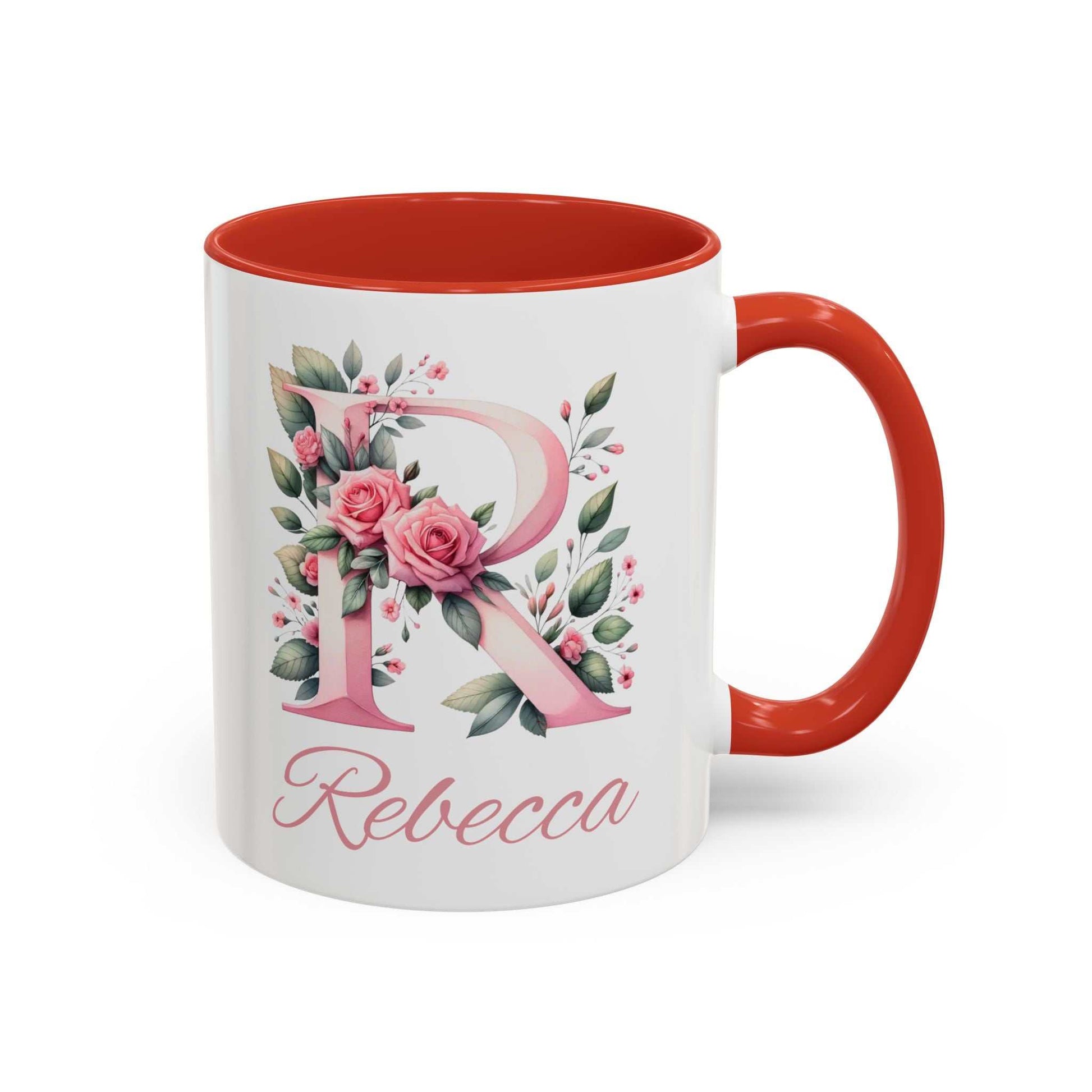 Personalised watercolour gift mug with floral design and name Rebecca.