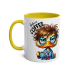 Funny sarcastic coffee mug with cartoon character design and yellow handle.