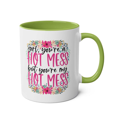 Hot Mess Coffee Mug with playful floral design, green interior, and humorous text.