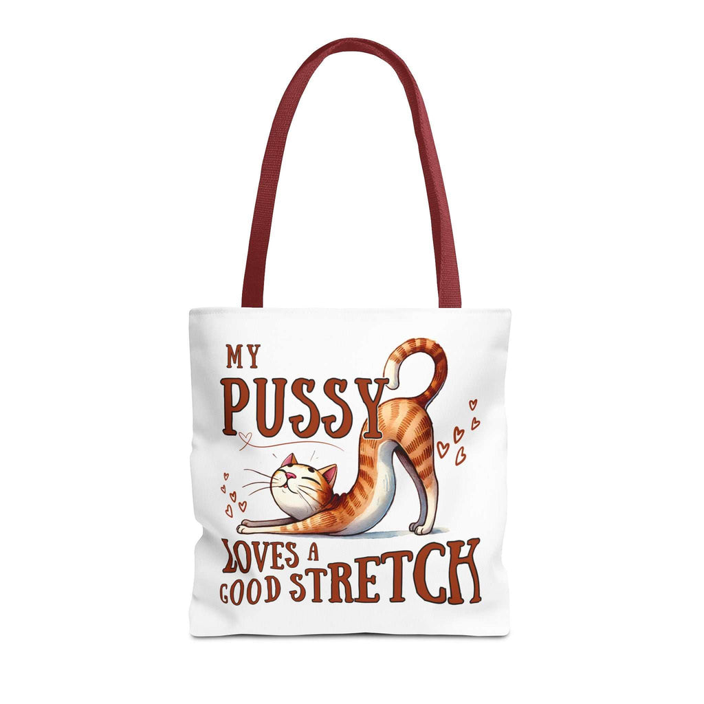 Fun stretching cat tote bag with cheeky design and durable polyester fabric