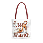 Fun stretching cat tote bag with cheeky design and durable polyester fabric