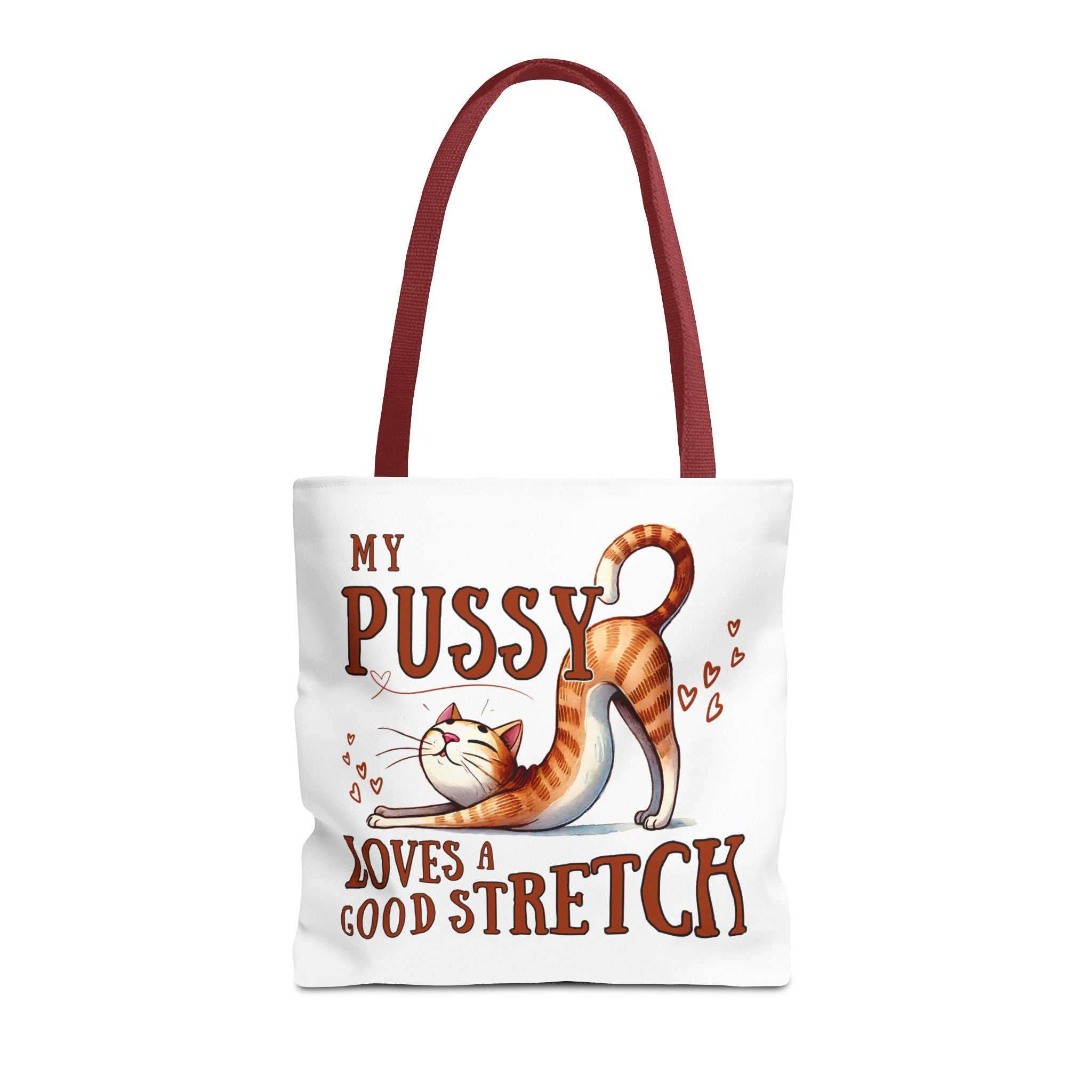 Fun stretching cat tote bag with cheeky design and durable polyester fabric