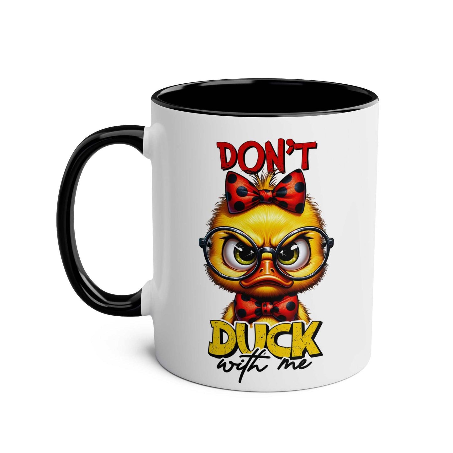 Fun "Don't Duck With Me" coffee mug with grumpy duck illustration, 11oz ceramic, glossy finish.