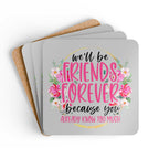 Friends Forever Coaster Set with floral design and friendship quote, high-gloss MDF top, cork-backed, 4-piece set.