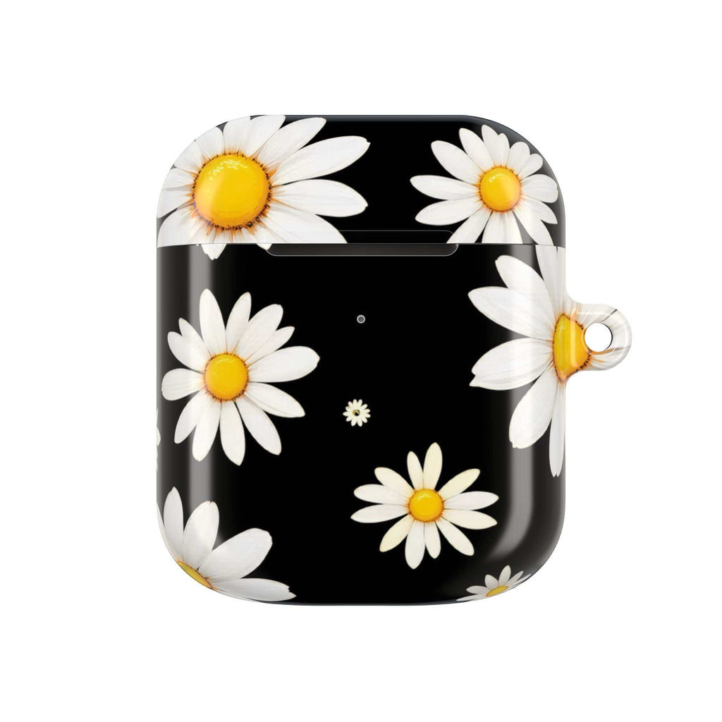Black Daises AirPods protective hard shell case with white daisies on black background