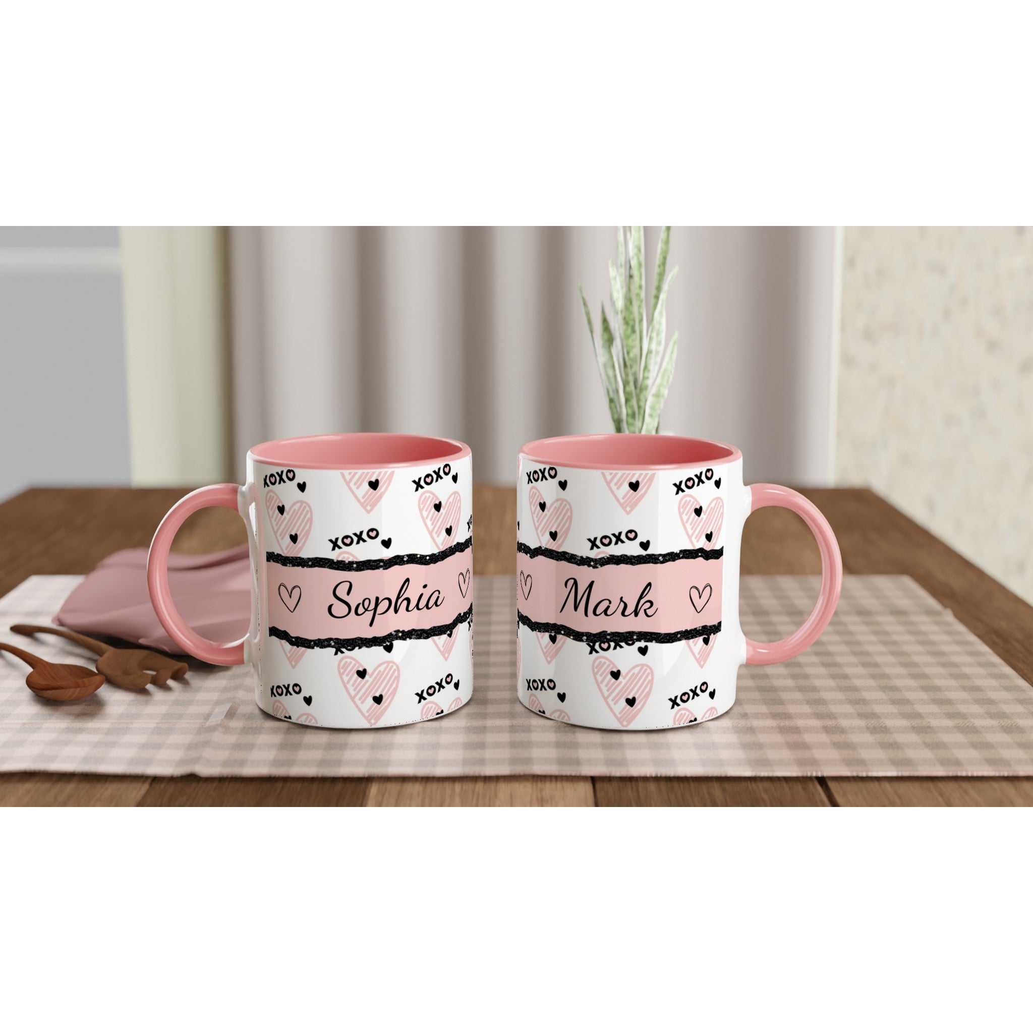personalised cute Valentines Day mug with heart design and colored rim